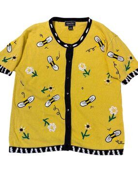 Vintage Terazzo Bee Yellow Black Cardigan Embroidered Beaded Flowers Sz 1X READ
